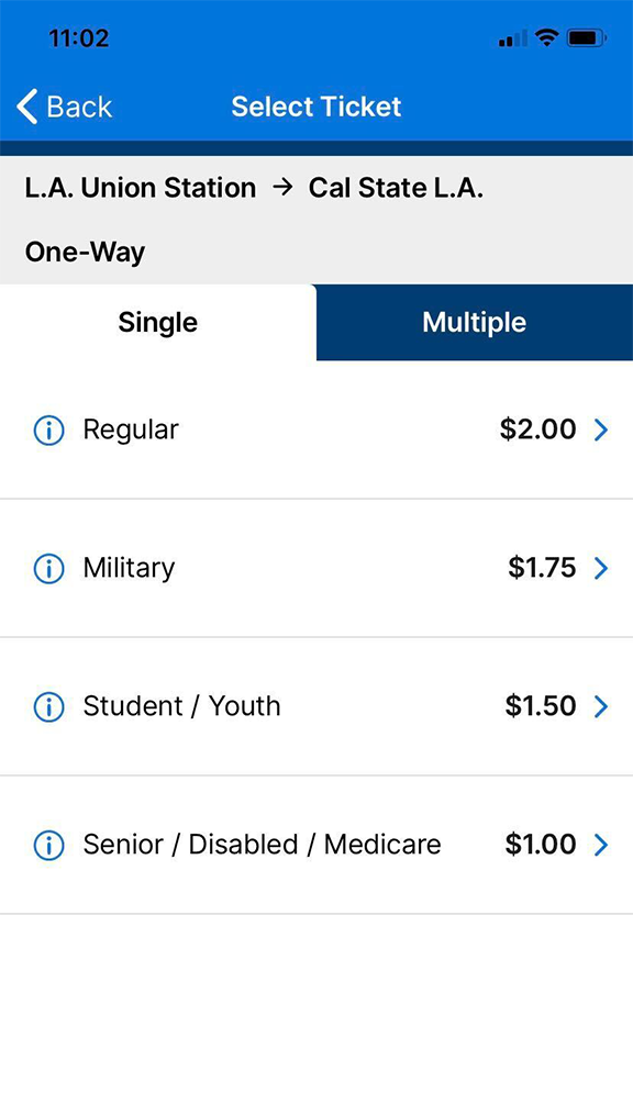 Metrolink App Select Ticket Screen